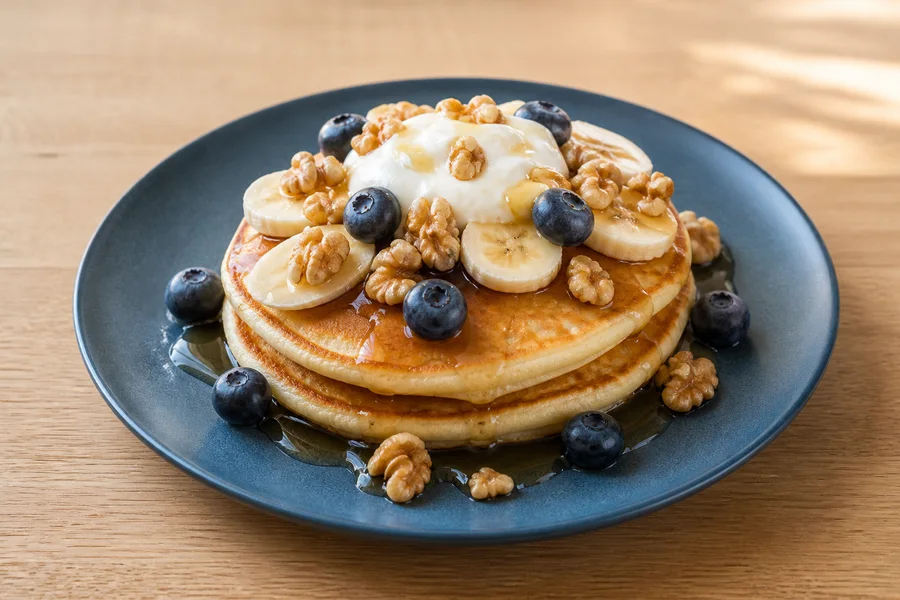 Close detail of golden pancakes topped with banana, blueberries, walnuts, yogurt, and maple syrup.
