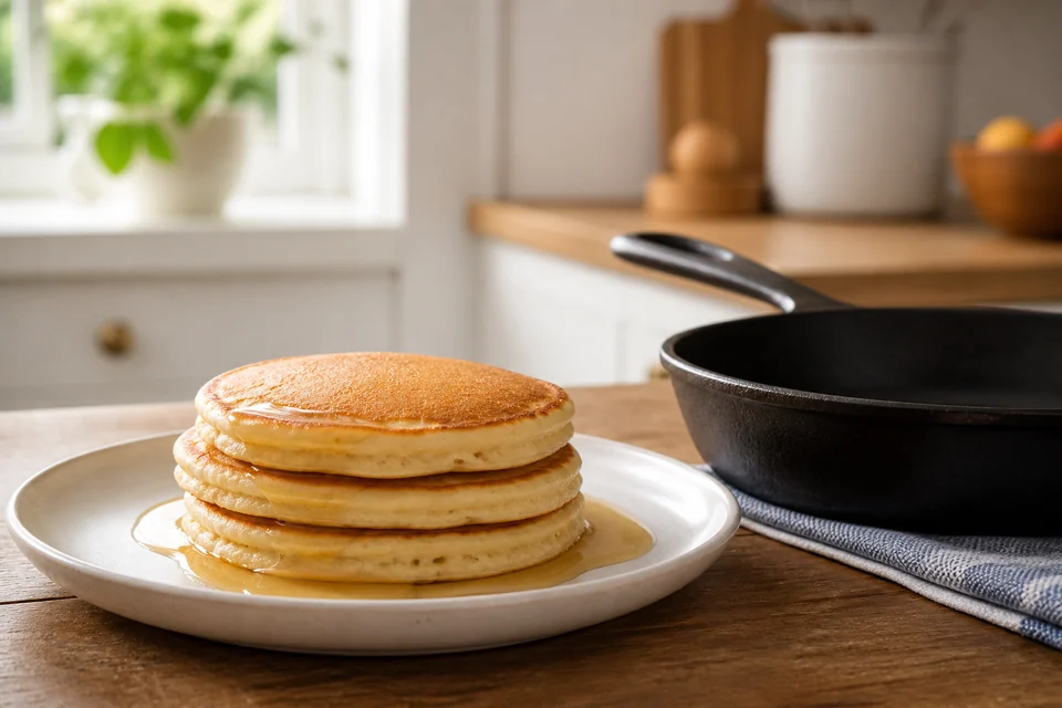 Finished fluffy pancakes beside a plain unbranded skillet.