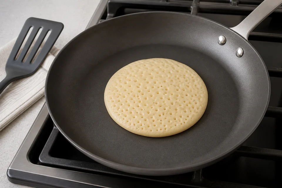 One pancake cooking evenly in the centre of a plain skillet.