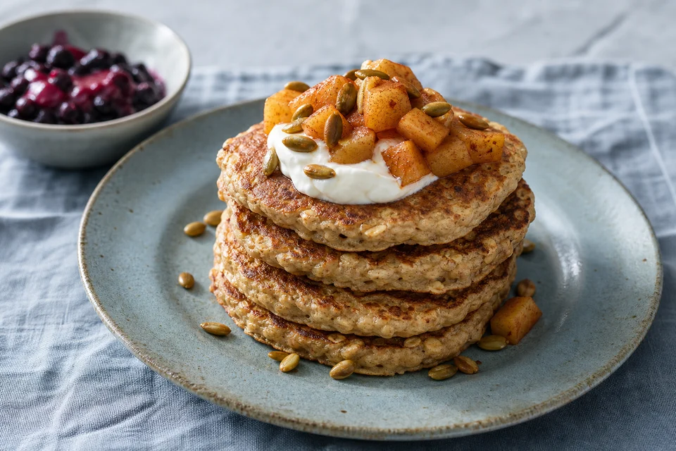 A finished stack of rustic oatmeal pancakes topped with warm apple, plain yogurt, and toasted pumpkin seeds.