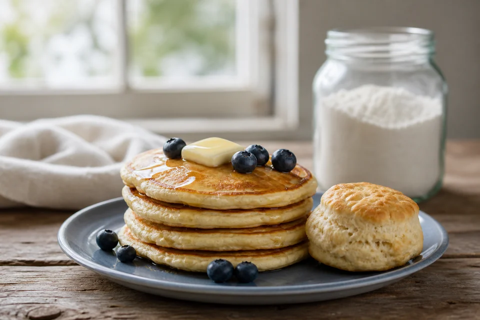 Finished pancake dish illustrating Trader Joe's buttermilk and all-purpose mix