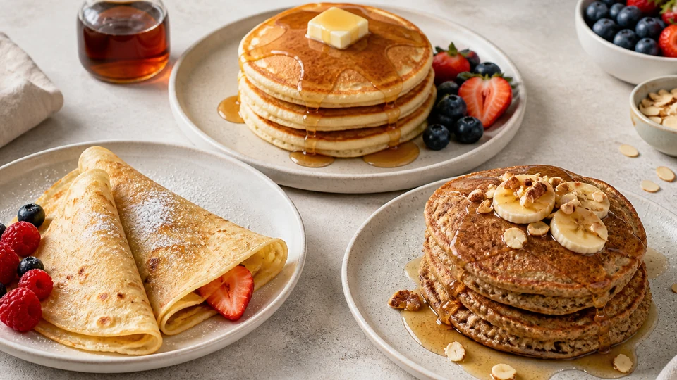 Types of pancakes for breakfast prepared for Pancakes World.