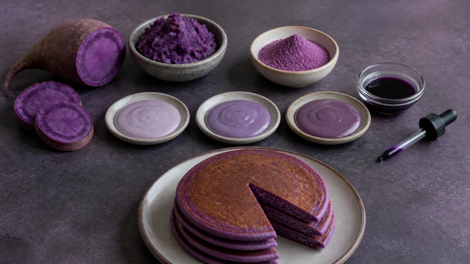 Purple yam, mash, ube powder, extract, batter samples and purple pancakes arranged as a format comparison