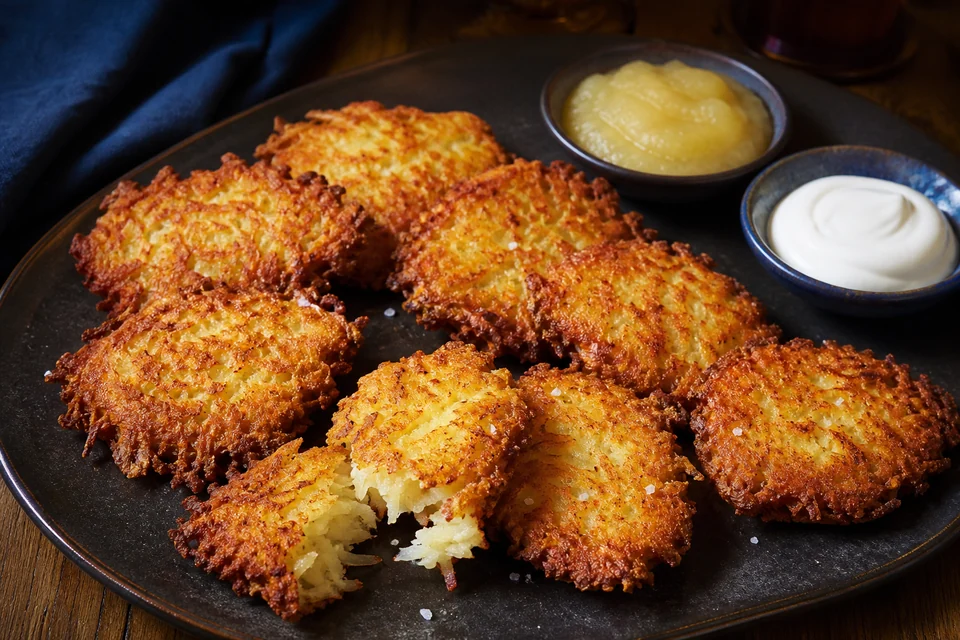 Finished crisp potato latkes served with bowls of applesauce and sour cream.