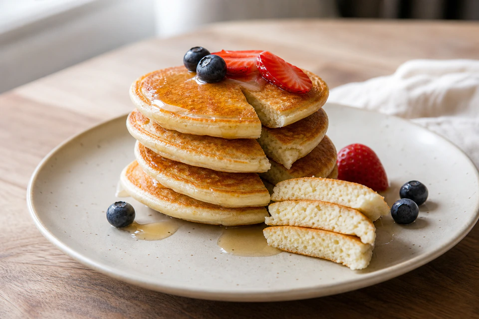 Finished golden pancakes with a cut piece showing a fine, moderately light crumb.