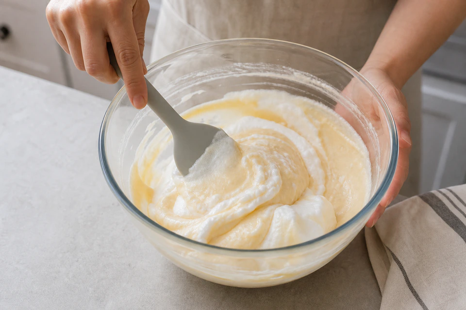 Hands gently folding whipped egg whites into pancake batter with a spatula.