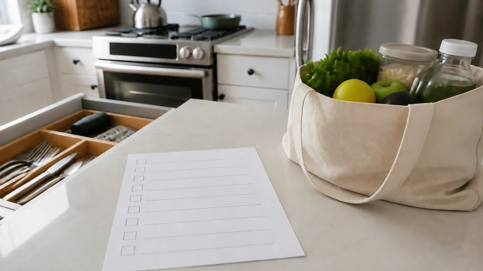 Arrival checklist and a modest grocery tote on the counter of a generic vacation-rental kitchen
