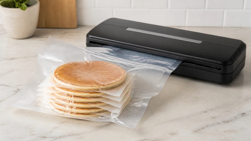 Cooked pancakes supported with separators inside a plain vacuum-seal bag.