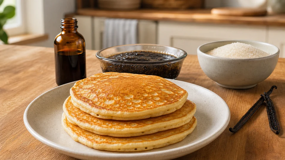 Finished pancakes beside unlabelled dishes of vanilla liquid, seeded paste, vanilla sugar, and split vanilla beans.