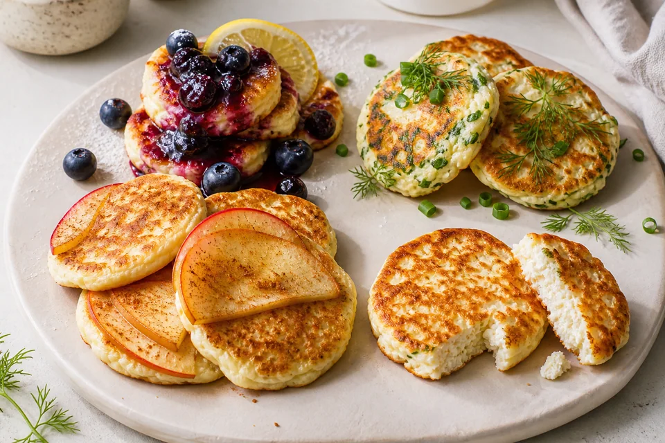 A cottage cheese pancake tasting plate with separate berry, lemon, herb, and savory finished variations.