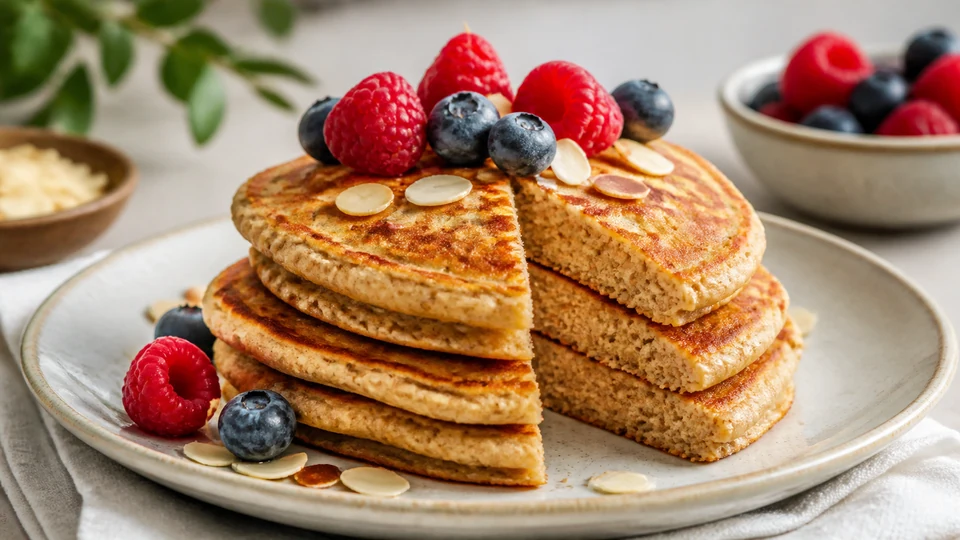Vegan almond flour pancakes no banana prepared for Pancakes World.