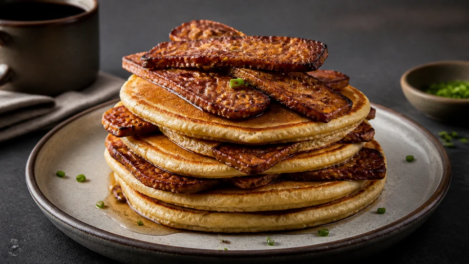 Vegan pancakes topped with crisp plant-based bacon-style strips and spring onion