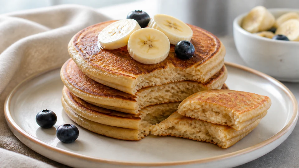 Vegan banana pancakes with water prepared for Pancakes World.
