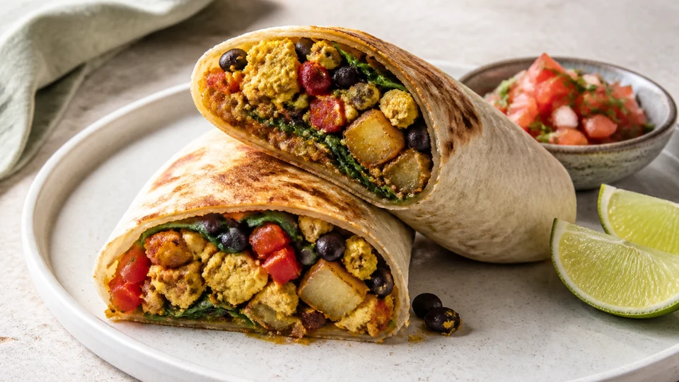 Vegan breakfast burrito prepared for Pancakes World.