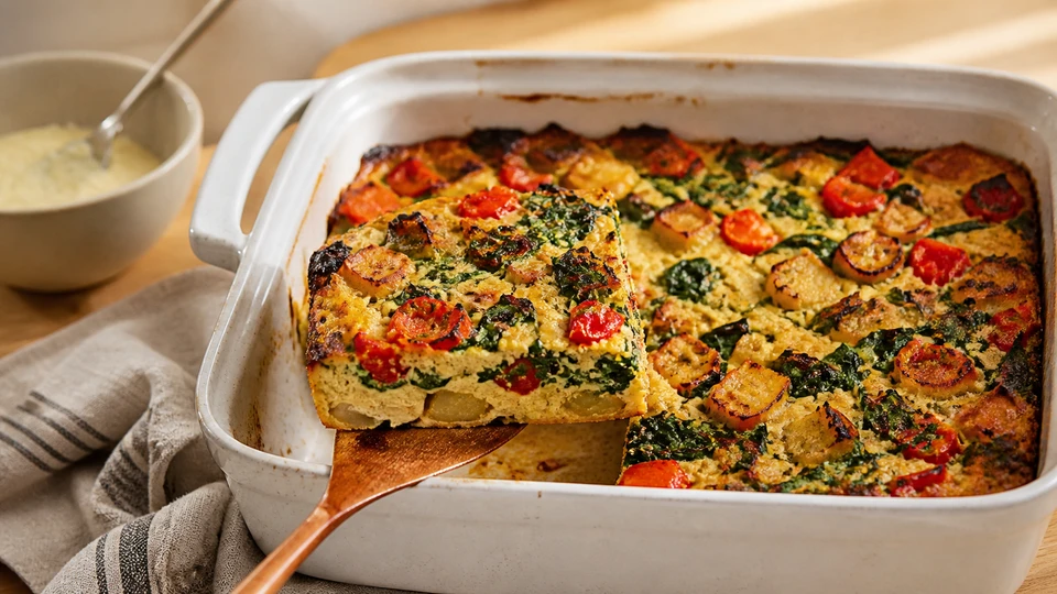 Egg-free breakfast casserole with one lifted square revealing cohesive vegetable and potato layers.