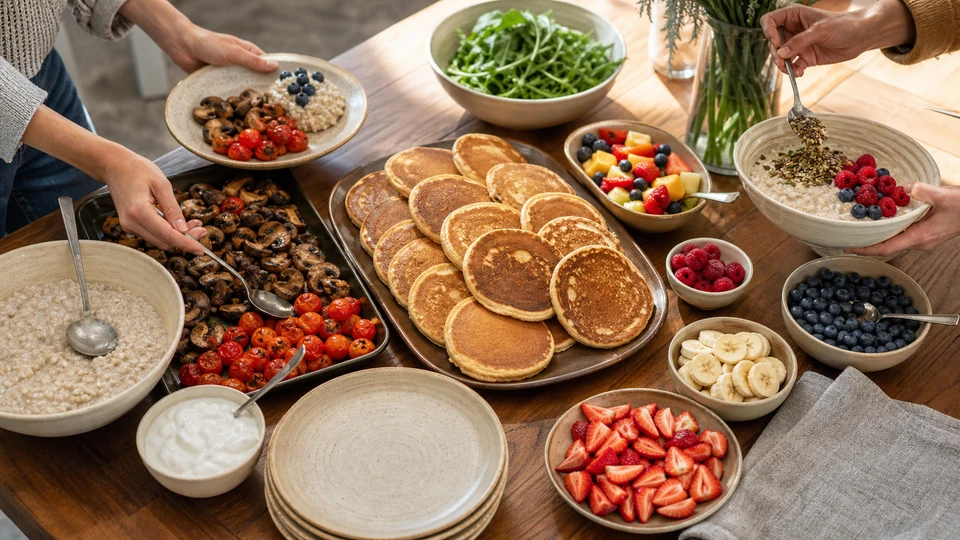 Breakfast planning scene for Vegan Brunch for a Crowd: Modular Menu and Cooking Order, showing the vegan-crowd components in practical service order.