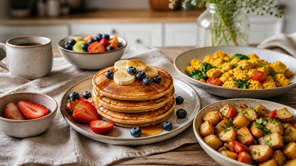 Vegan brunch items prepared for Pancakes World.