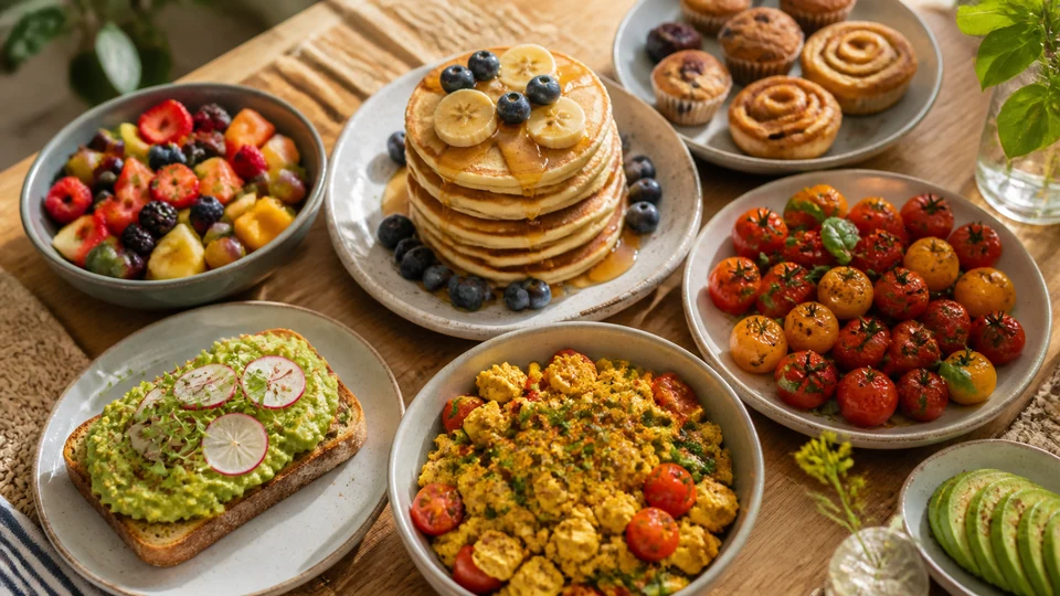 Vegan brunch spread prepared for Pancakes World.