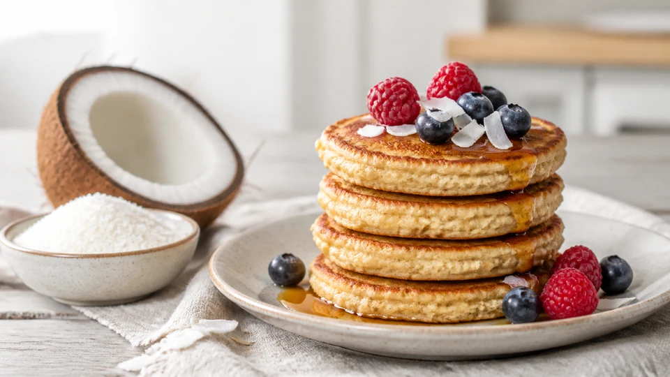 Vegan coconut flour pancakes no eggs prepared for Pancakes World.