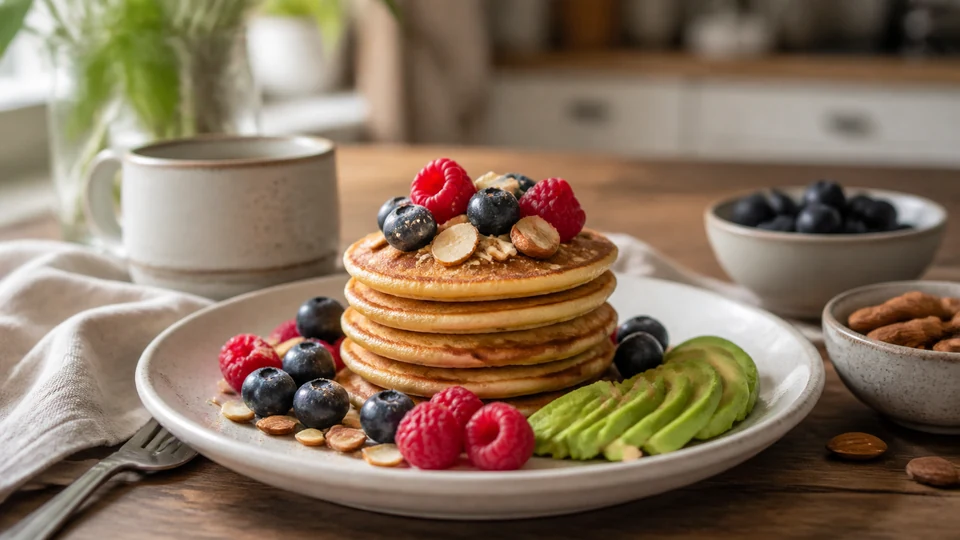 Vegan keto almond flour pancakes prepared for Pancakes World.