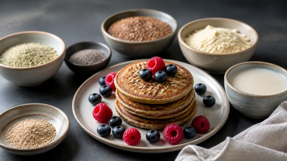 Vegan keto protein pancakes prepared for Pancakes World.