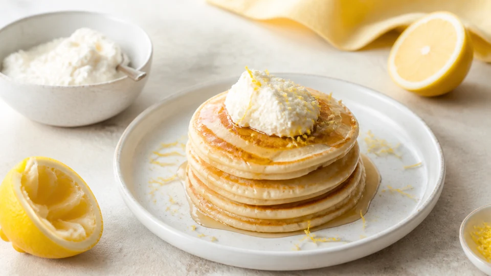Vegan lemon ricotta pancakes prepared for Pancakes World.