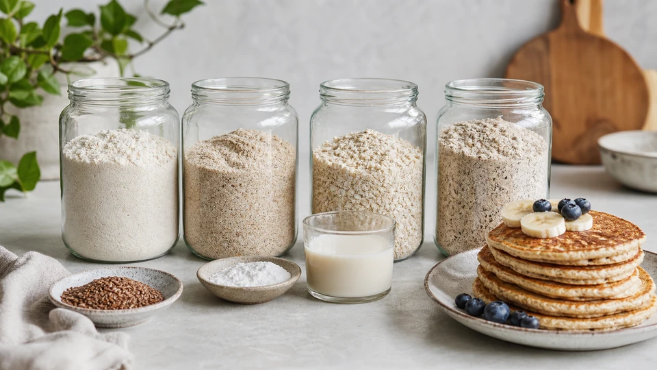 Editorial setup illustrating vegan pancake mix guide: function, labels and selection criteria.