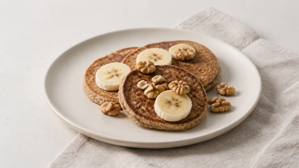 Vegan pancakes beside an unbranded recipe-page checklist and a notebook for substitutions