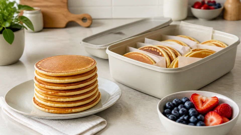 Stack of reheated vegan pancakes beside an unbranded package, toaster and skillet symbols