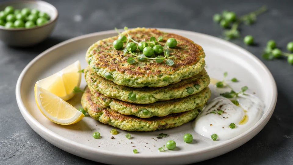 Green vegan pea pancakes with whole peas, herbs and a bowl of thick green batter