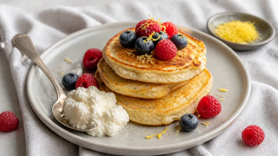 Vegan ricotta pancakes with lemon zest beside a bowl of plant-based ricotta-style curds