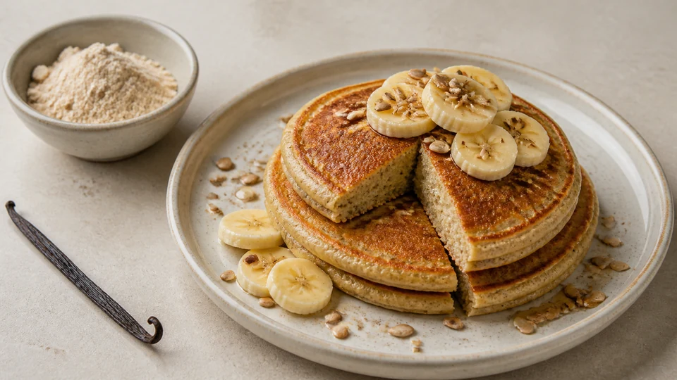Vegan vanilla pancakes beside a plain scoop of protein powder, vanilla and two batter textures