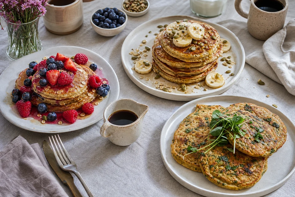 A finished plant-based brunch with berry oat pancakes, banana seed pancakes, and savoury chickpea herb pancakes.