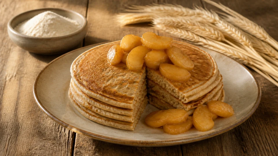 Vegan wheat pancakes with wheat flour, plant drink and a bowl of lightly mixed batter
