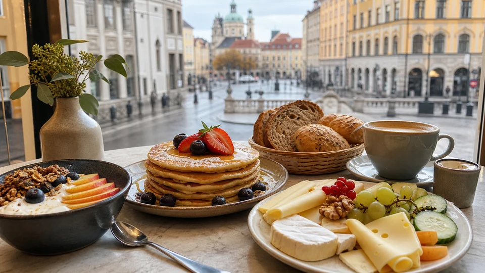 A vegetarian breakfast table in Munich with bread, fruit, coffee and plant-based dishes.