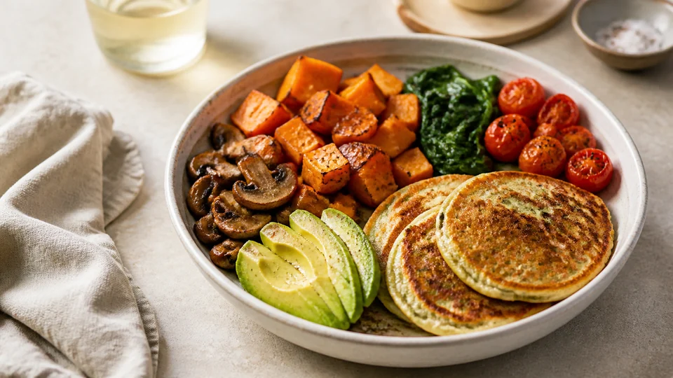Veggie breakfast prepared for Pancakes World.