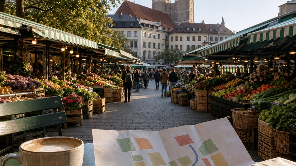 Editorial Munich route-planning scene for Viktualienmarkt for a First Visit: Breakfast Timing and Market Route, with a breakfast cue and neutral city context.