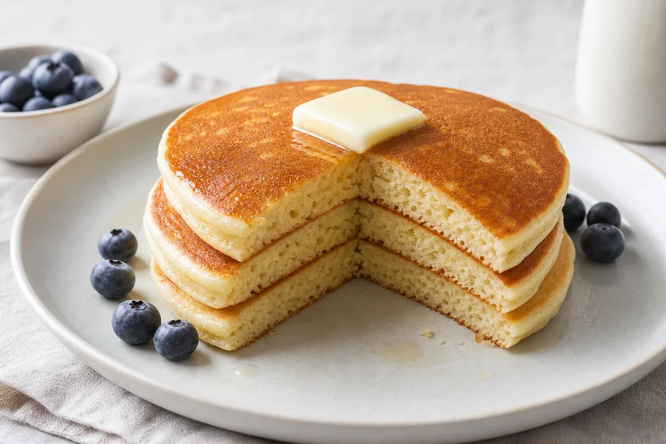 A stack of classic American pancakes cut open to show thick, evenly risen crumb and browned surfaces.