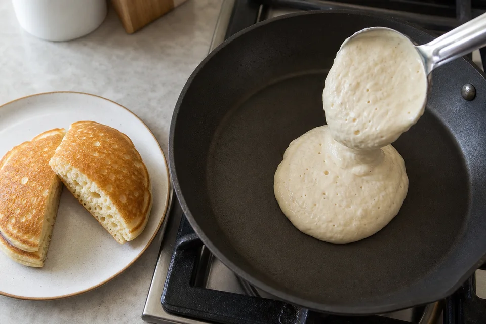 Thick American pancake batter portioned into a skillet beside a cooked test pancake with a risen crumb.