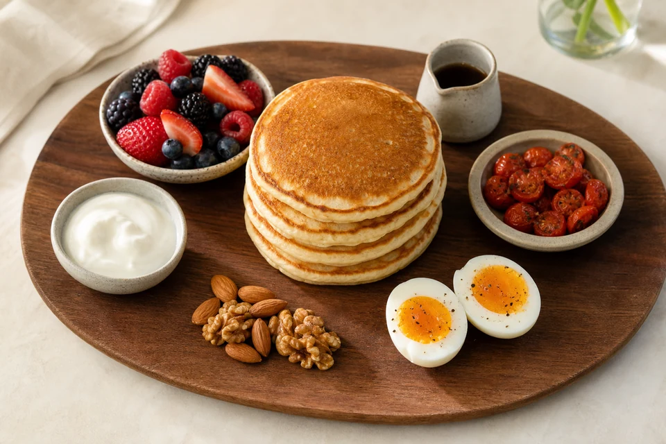 Golden pancakes served with berries, yogurt, eggs, tomatoes, nuts, and syrup