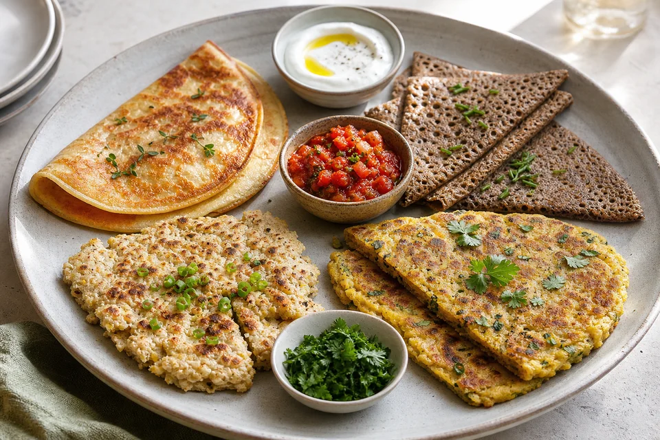 An assortment of cooked savory pancakes made with pale wheat, dark buckwheat, golden chickpea, oat, and corn flours, served with herbs and vegetables.