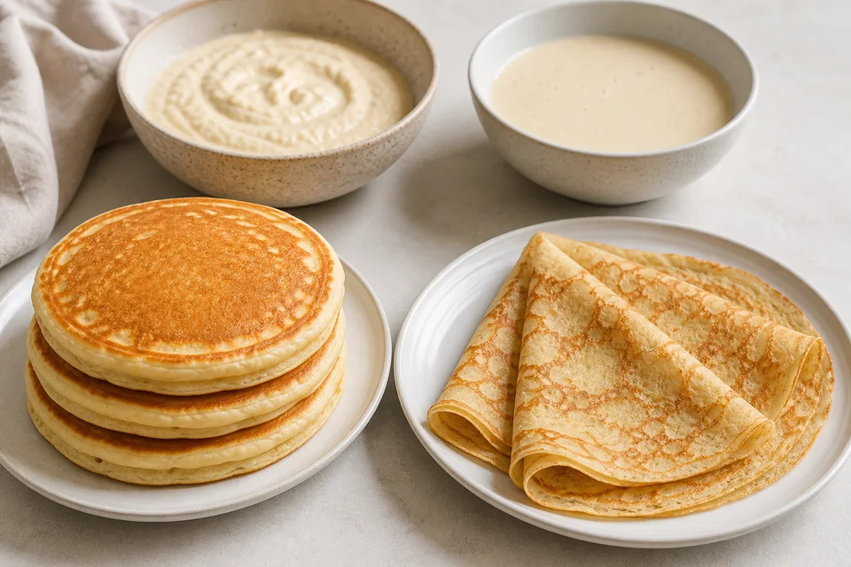 A fluffy American pancake and a thin folded crêpe beside thick and thin batter bowls.