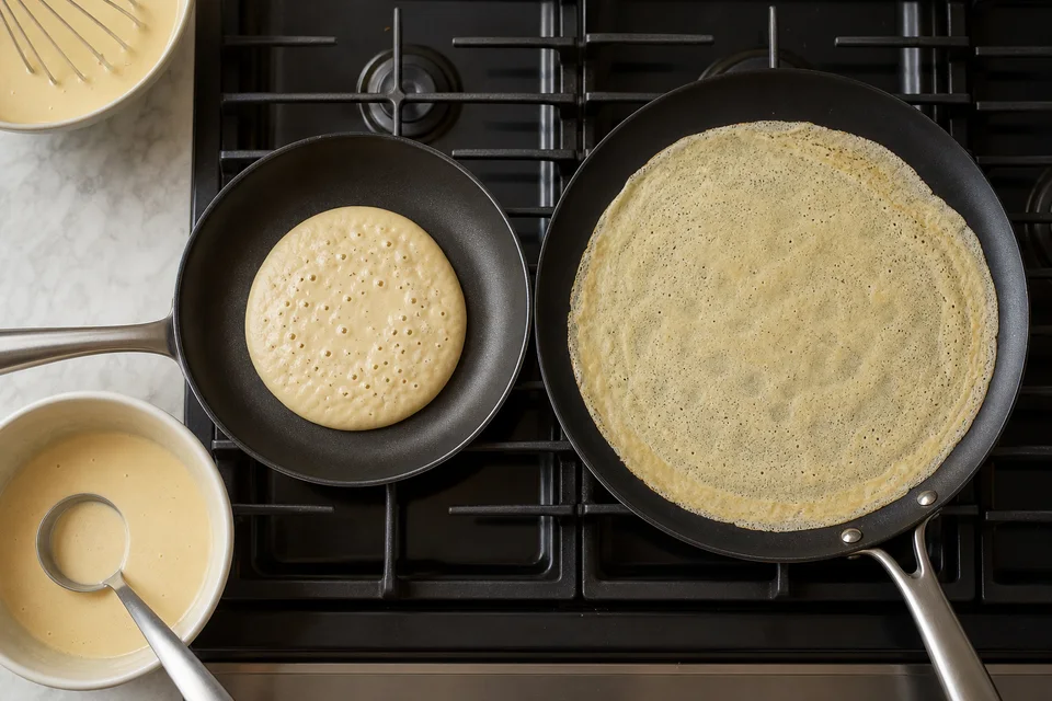 A thick pancake and a thin crêpe cooking in separate skillets to show their different spread and depth.