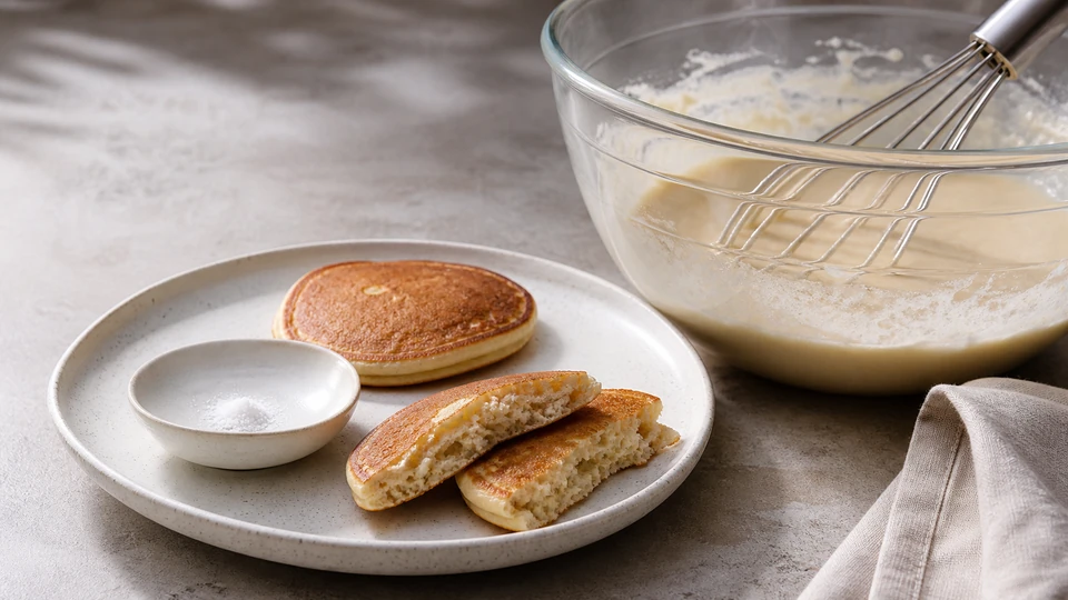 Editorial setup illustrating what salt does in pancake batter and how to correct an imbalance.