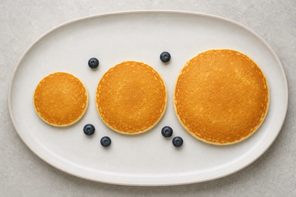Three separate cooked pancakes in small, medium, and large example sizes on one platter
