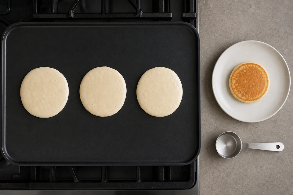 Three evenly portioned batter rounds on a griddle beside a cooked test pancake and scoop.