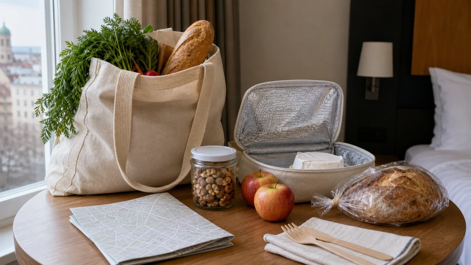 Planning image for What to Buy at a Munich Market for a Hotel-Room Picnic, showing a route-planning still life for what to buy at a munich market for a hotel-room picnic: unbranded breakfast elements, a clean map-like path and the named public-space/transport context without identifiable private venues.