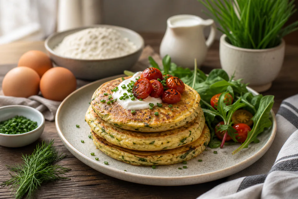 Finished herb savory pancakes with yogurt, roasted tomatoes, greens, eggs, flour, and milk