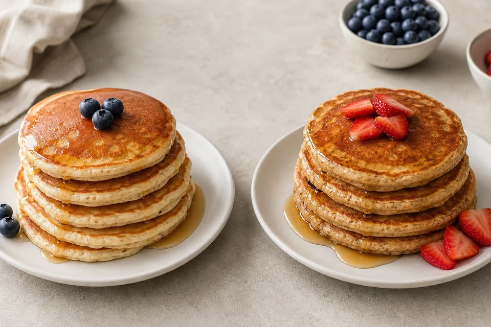 Two finished pancake stacks presented for a neutral comparison.