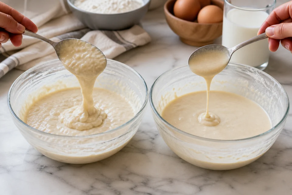 Two bowls of pancake batter showing different observable ribbon consistencies.